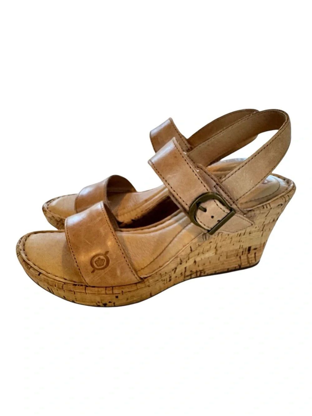 Born Lenore Cork Wedge Sandal Womens 7 Natural Tan Leather Comfort Platform Shoe - Picture 2 of 10